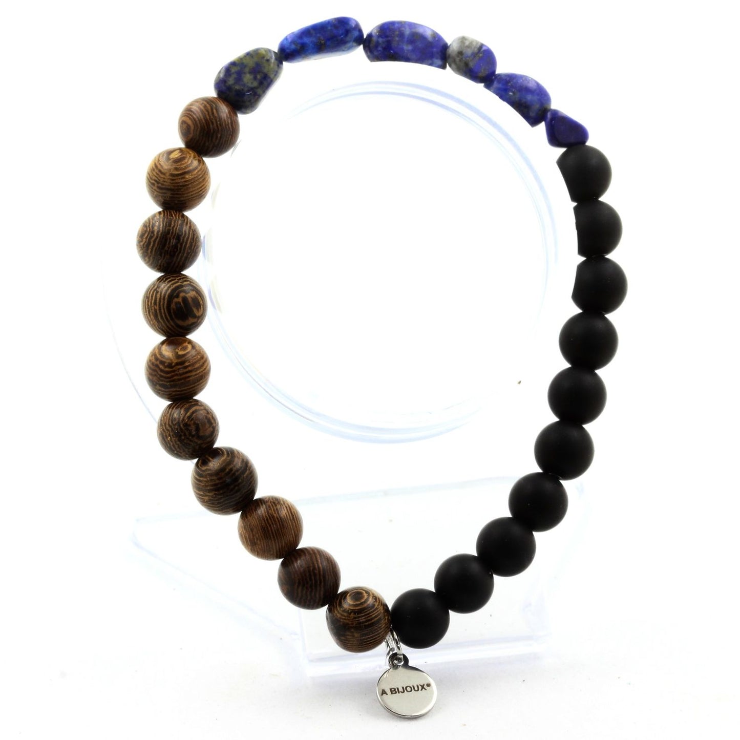 Lapis Lazuli du Pakistan + Perles Onyx noir mat + bois. Bracelet Perles