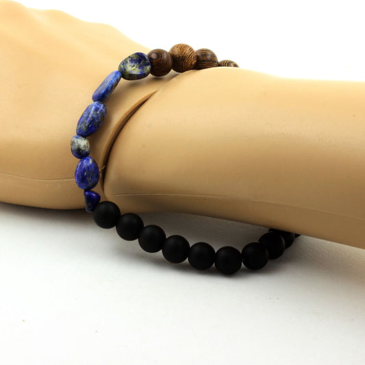 Lapis Lazuli du Pakistan + Perles Onyx noir mat + bois. Bracelet Perles