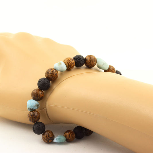 Larimar de République Dominicaine + Perles Lave + bois. Bracelet en pierres naturelles