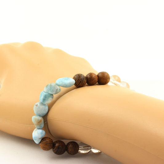 Larimar de République Dominicaine + Perles Quartz + bois. Bracelet en pierres naturelles