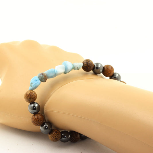 Larimar de République dominicaine + Perles Hématite + bois. Bracelet en pierres naturelles