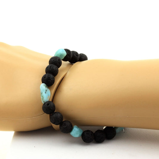 Larimar de République dominicaine + Perles Lave. Bracelet en pierres naturelles