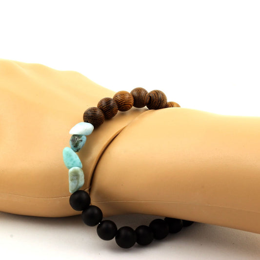 Larimar de République dominicaine + Perles Onyx noir mat + bois. Bracelet en Perles naturelles