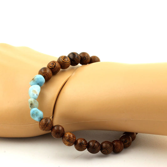 Larimar de République dominicaine + Perles bois. Bracelet en Perles naturelles