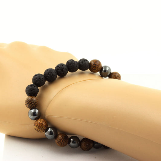 Lave + Hématite + bois. Bracelet en Perles naturelles