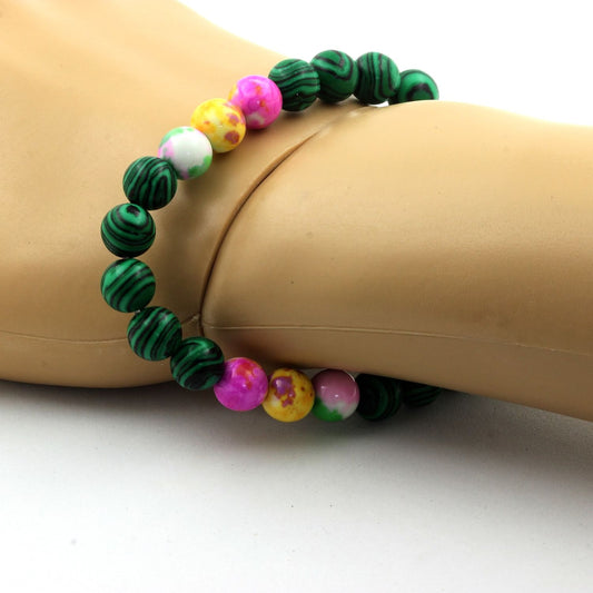 Malachite (avec résine) + Jaspe jaune violet + Jaspe rose jaune + Jaspe vert rose. Bracelet en Perles naturelles