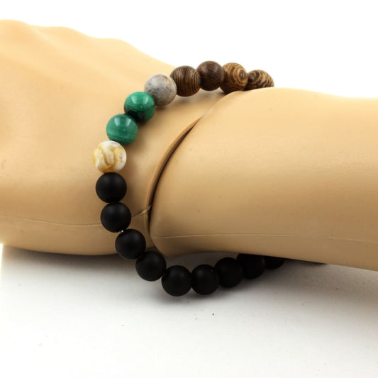Malachite du Congo + Agate Feuille de Bambou + Onyx noir mat + bois. Bracelet Perles