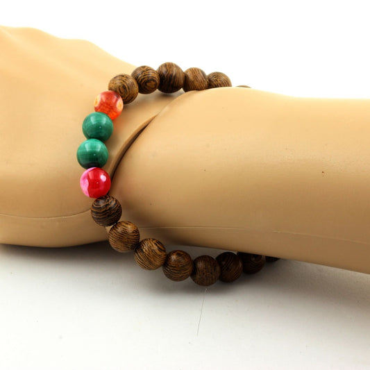 Malachite du Congo + Agate craquelé multicolore + bois. Bracelet Perles naturelles