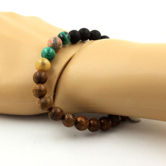 Malachite du Congo + Agate crazy lace + Onyx noir mat + bois. Bracelet Perles