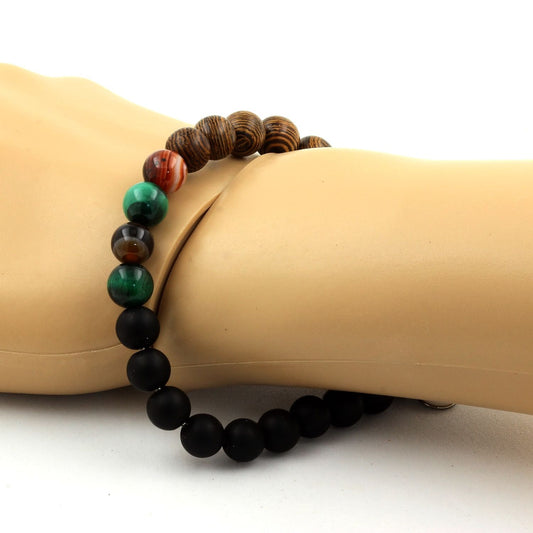 Malachite du Congo + Agate de Rêve + Onyx noir mat + bois. Bracelet Perles naturelles