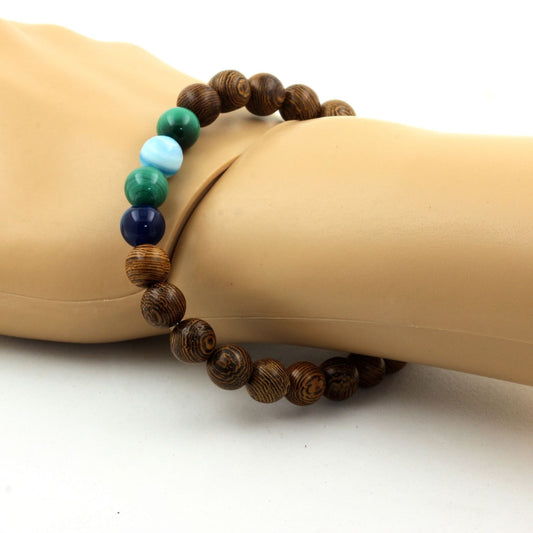 Malachite du Congo + Agate rubanée bleu + bois. Bracelet Perles naturelles