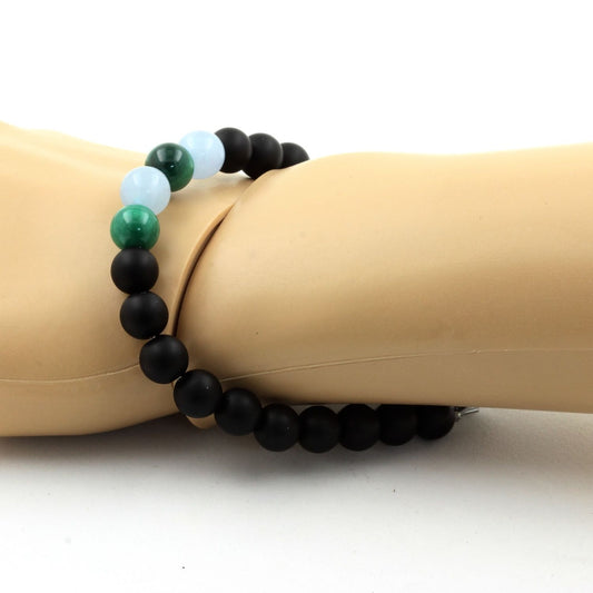 Malachite du Congo + Aigue-Marine + Onyx noir mat. Bracelet Perles naturelles
