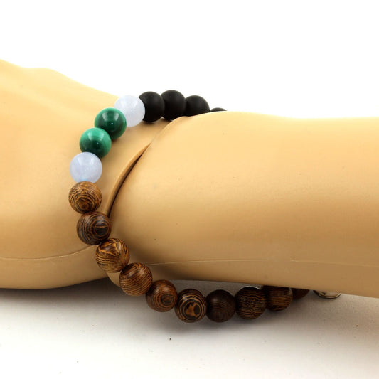 Malachite du Congo + Aigue-Marine + Onyx noir mat + bois. Bracelet Perles naturelles
