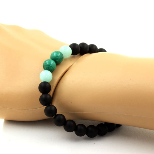 Malachite du Congo + Amazonite + Onyx noir mat. Bracelet Perles naturelles