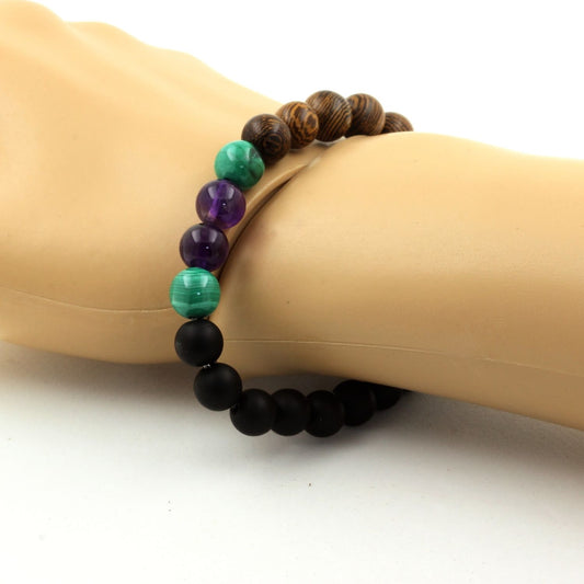 Malachite du Congo + Améthyste + Onyx noir mat + bois. Bracelet Perles