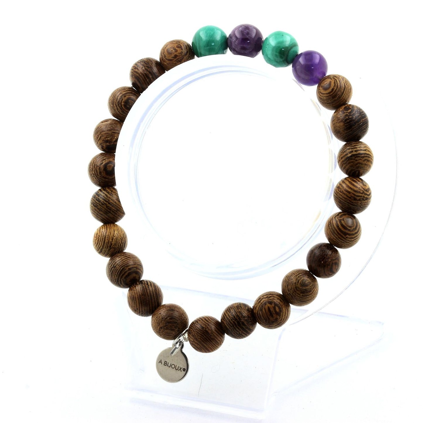 Malachite du Congo + Améthyste + bois. Bracelet Perles naturelles