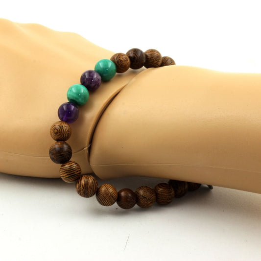 Malachite du Congo + Améthyste + bois. Bracelet Perles naturelles