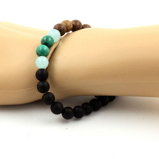 Malachite du Congo + Angélite + Onyx noir mat + bois. Bracelet Perles naturelles