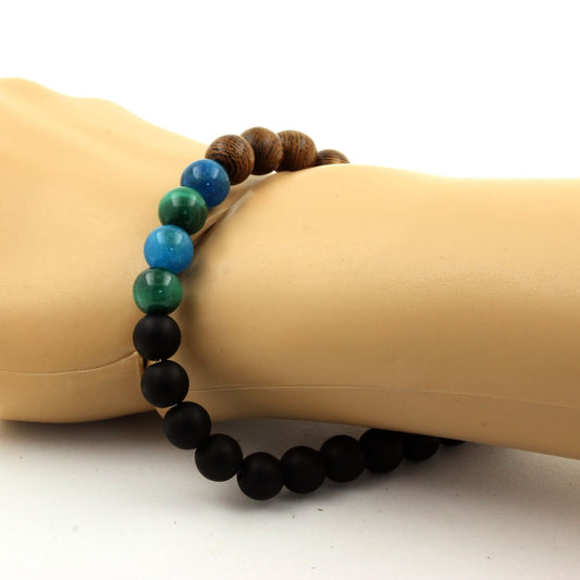 Malachite du Congo + Apatite + Onyx noir mat + bois. Bracelet Perles