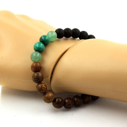 Malachite du Congo + Aventurine + Onyx noir mat + bois. Bracelet Perles naturelles