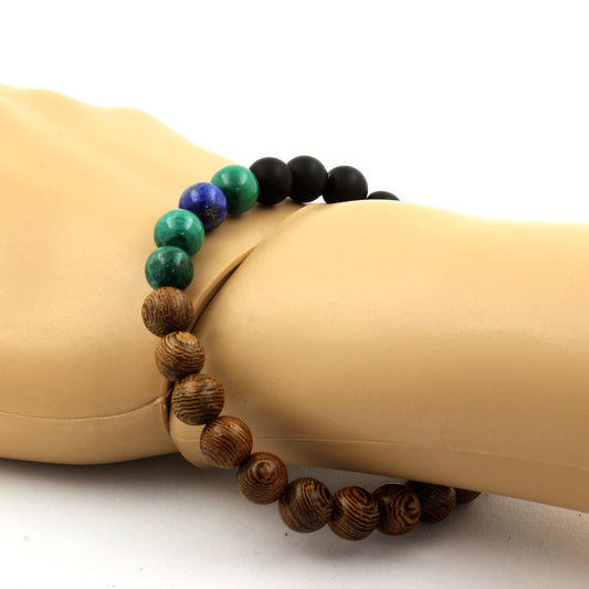 Malachite du Congo + Azurite Chrysocolle + Onyx noir mat + bois. Bracelet Perles naturelles