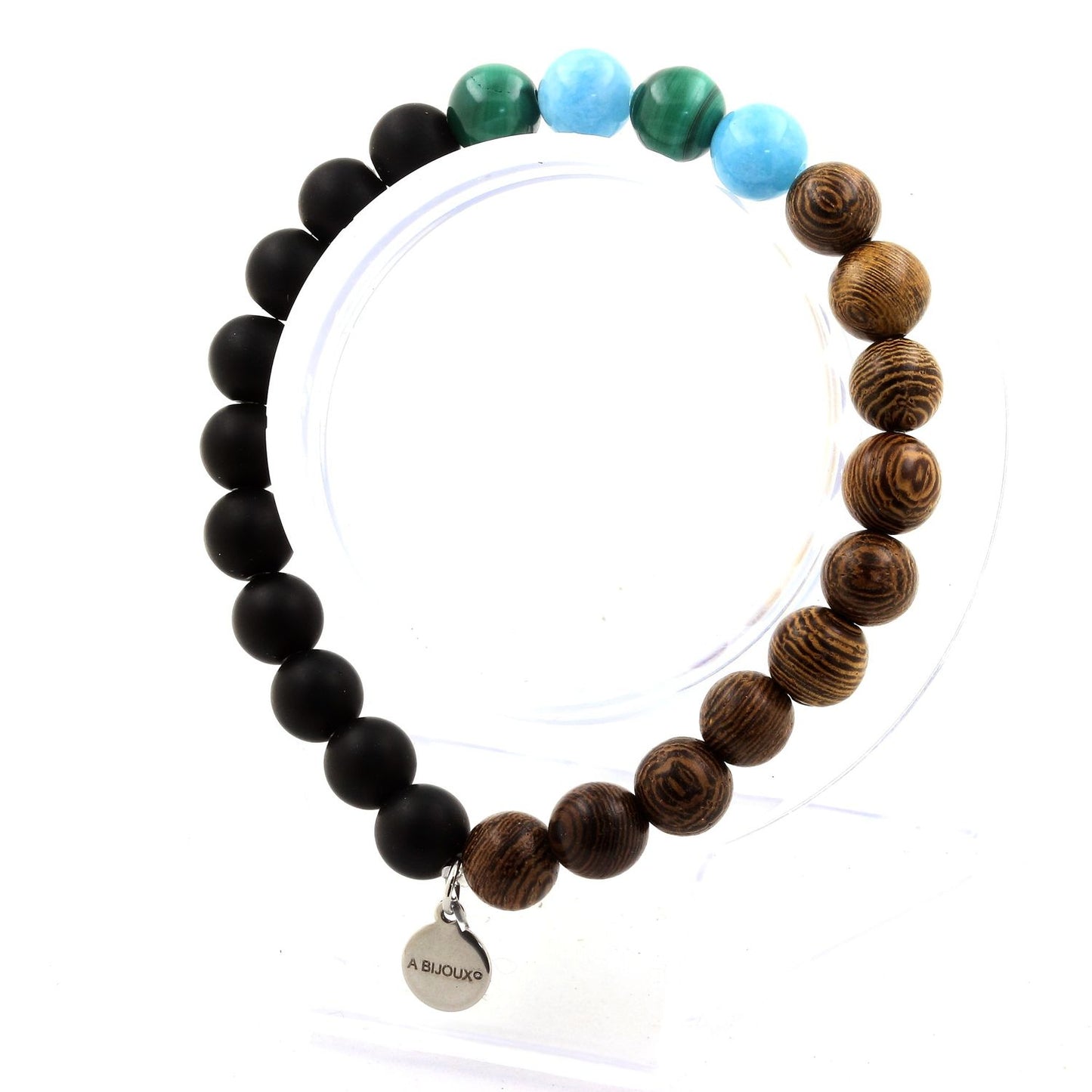 Malachite du Congo + Calcédoine bleu + Onyx noir mat + bois. Bracelet Perles
