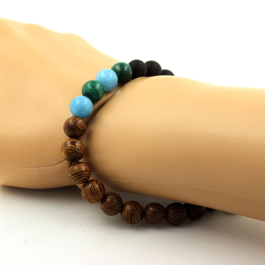 Malachite du Congo + Calcédoine bleu + Onyx noir mat + bois. Bracelet Perles