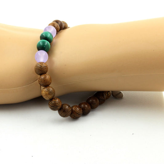 Malachite du Congo + Calcédoine lavande + bois. Bracelet Perles naturelles