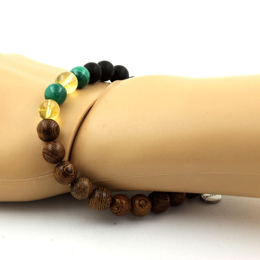 Malachite du Congo + Citrine + Onyx noir mat + bois. Bracelet Perles naturelles