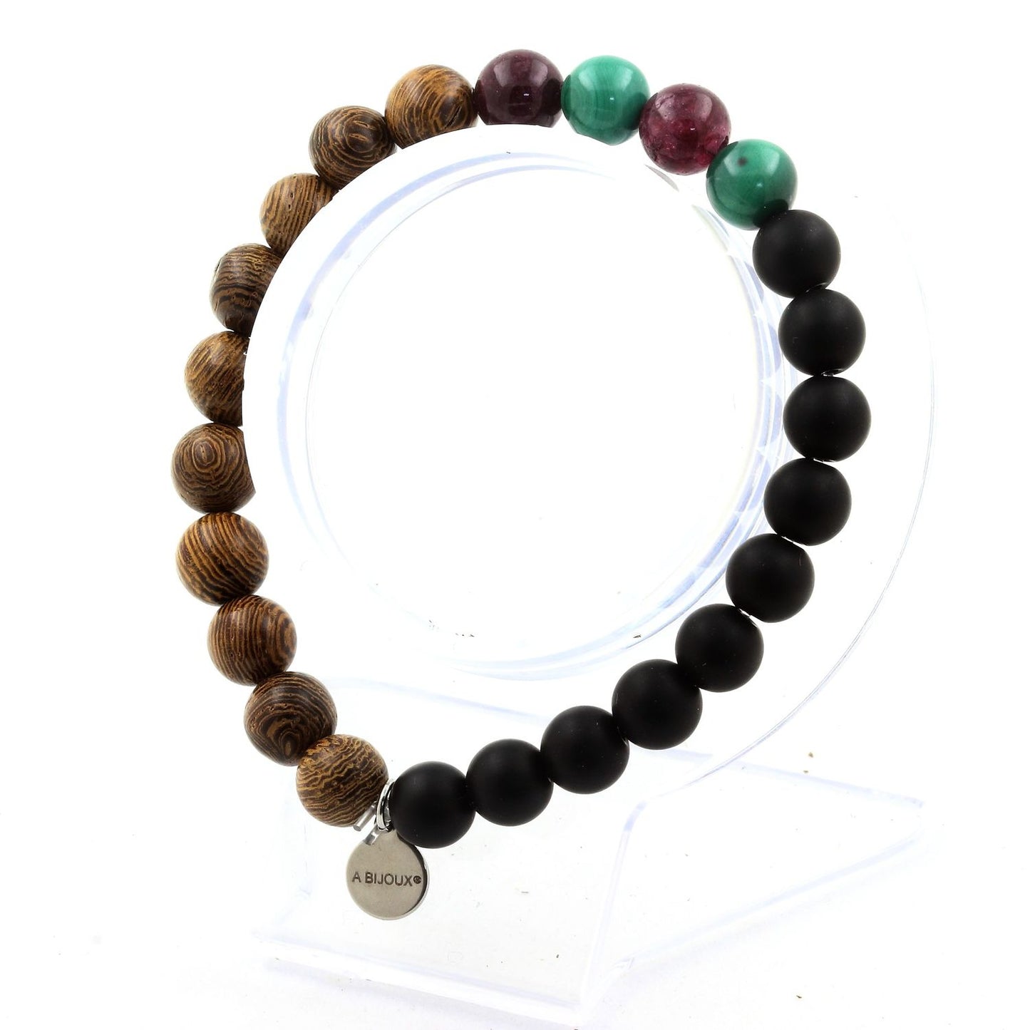 Malachite du Congo + Grenat + Onyx noir mat + bois. Bracelet Perles