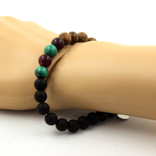 Malachite du Congo + Grenat + Onyx noir mat + bois. Bracelet Perles