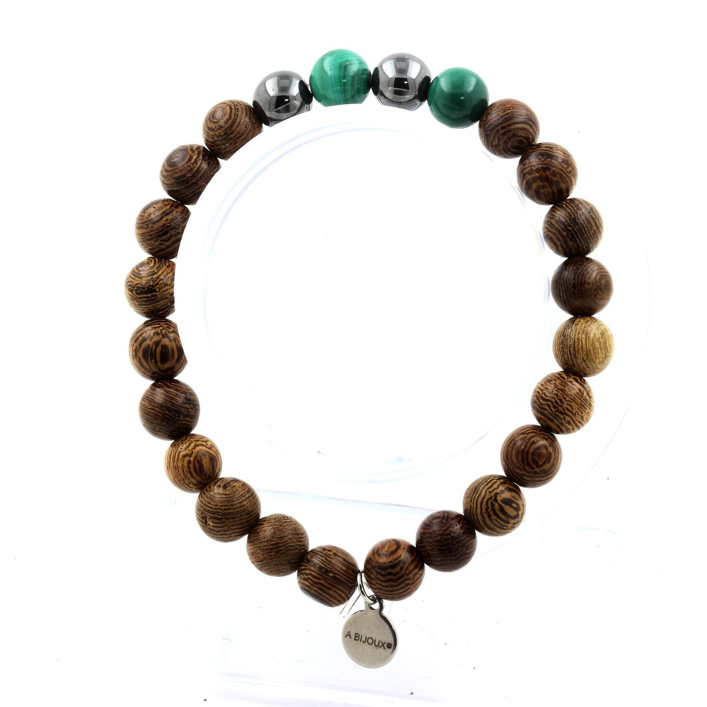 Malachite du Congo + Hématite + bois. Bracelet Perles naturelles