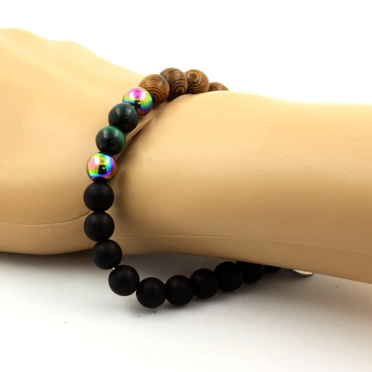 Malachite du Congo + Hématite multicolore + Onyx noir mat + bois. Bracelet Perles