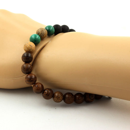 Malachite du Congo + Jaspe Paysage + Onyx noir mat + bois. Bracelet Perles