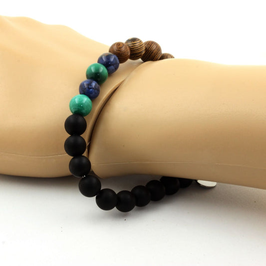 Malachite du Congo + Jaspe bleu + Onyx noir mat + bois. Bracelet Perles