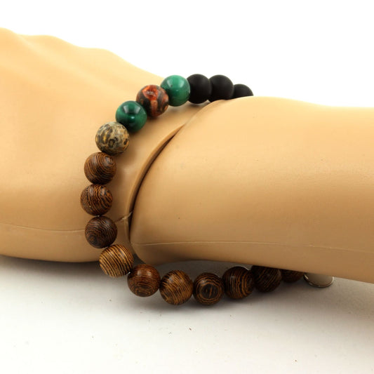 Malachite du Congo + Jaspe léopard + Onyx noir mat + bois. Bracelet Perles