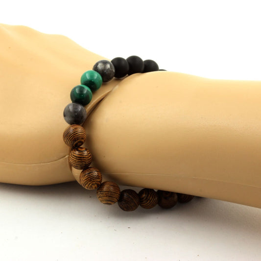Malachite du Congo + Labradorite + Onyx noir mat + bois. Bracelet Perles