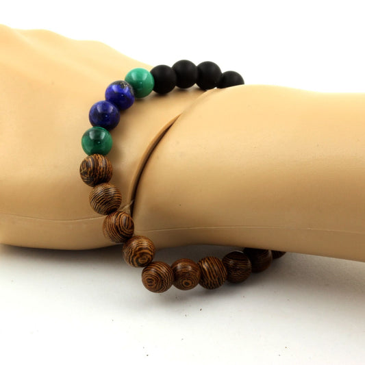 Malachite du Congo + Lapis Lazuli + Onyx noir mat + bois. Bracelet Perles