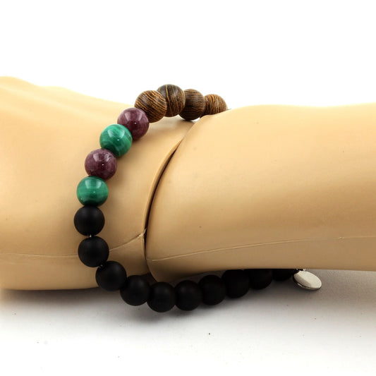 Malachite du Congo + Lépidolite + Onyx noir mat + bois. Bracelet Perles naturelles