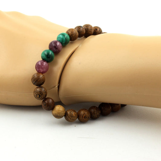 Malachite du Congo + Lépidolite + bois. Bracelet Perles naturelles