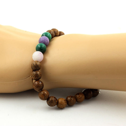 Malachite du Congo + Mica violet mat + bois. Bracelet Perles naturelles