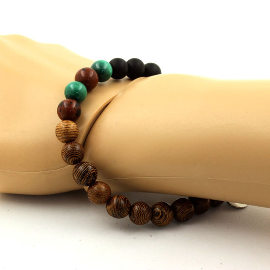 Malachite du Congo + Obsidienne Mahogany + Onyx noir mat + bois. Bracelet Perles
