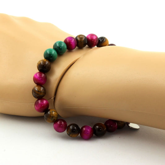 Malachite du Congo + Oeil de Tigre + Oeil de Tigre Fuschia. Bracelet Perles naturelles