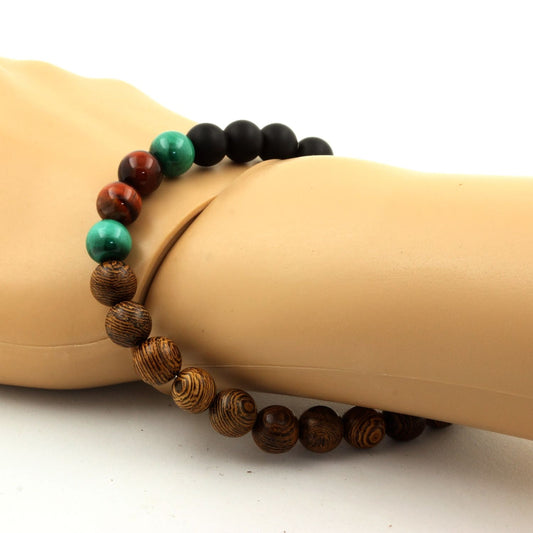 Malachite du Congo + Oeil de Tigre rouge + Onyx noir mat + bois. Bracelet Perles