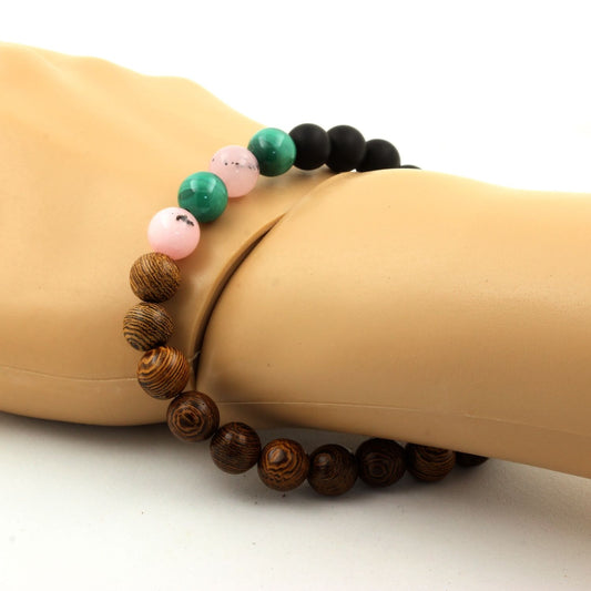 Malachite du Congo + Opale Rose + Onyx noir mat + bois. Bracelet Perles