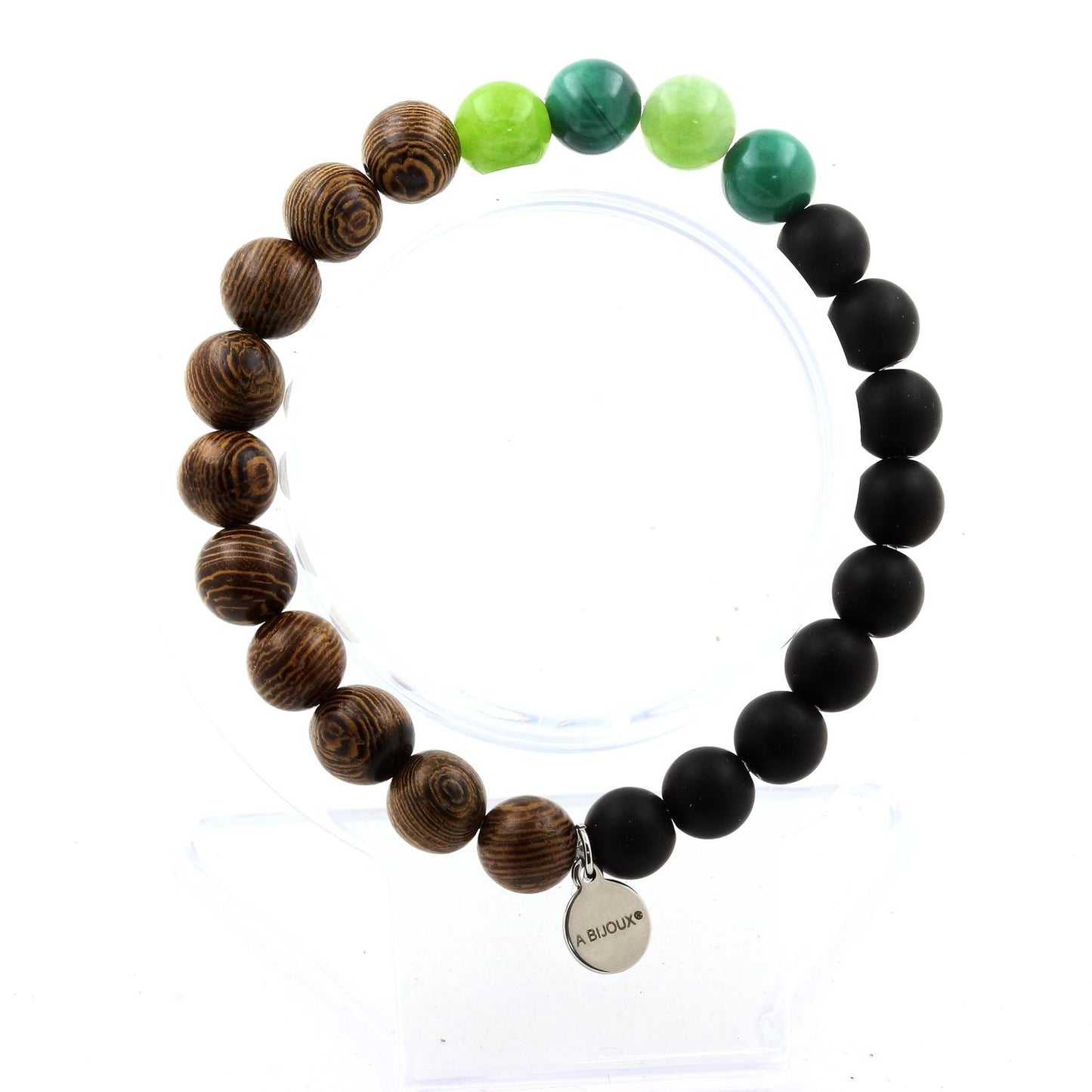 Malachite du Congo + Péridot + Onyx noir mat + bois. Bracelet Perles