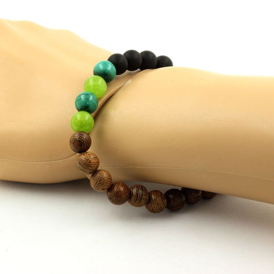 Malachite du Congo + Péridot + Onyx noir mat + bois. Bracelet Perles