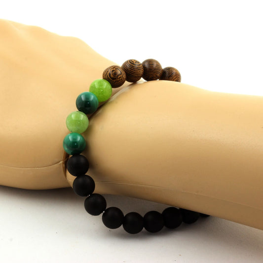Malachite du Congo + Péridot + Onyx noir mat + bois. Bracelet Perles