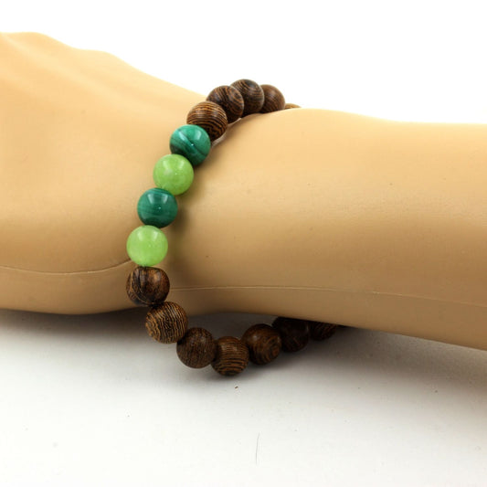Malachite du Congo + Péridot + bois. Bracelet Perles naturelles