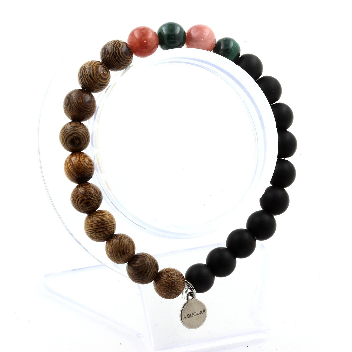 Malachite du Congo + Pierre de Soleil + Onyx noir mat + bois. Bracelet Perles